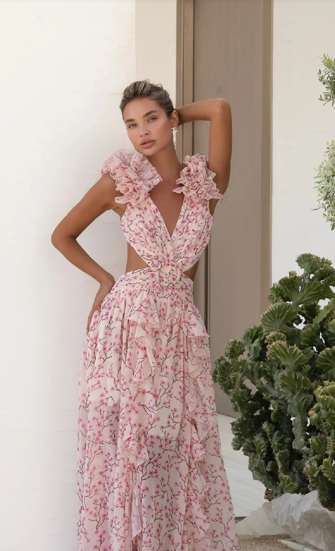 LYRA – Pink Cascade Maxi Dress