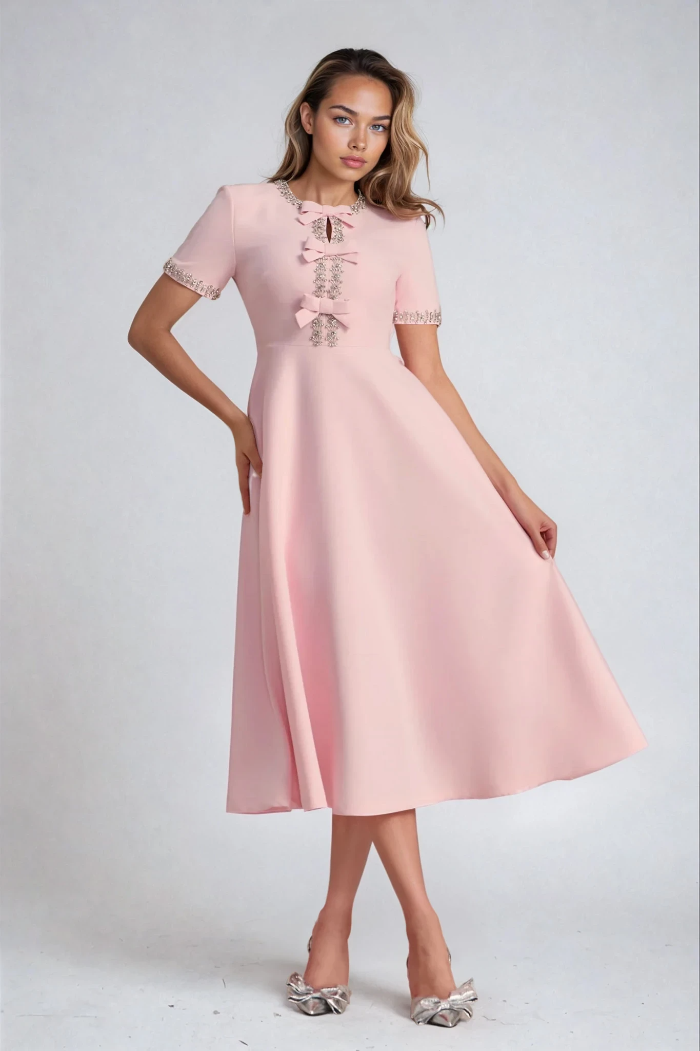 Zoe – Bowknot Crystal Midi Dress