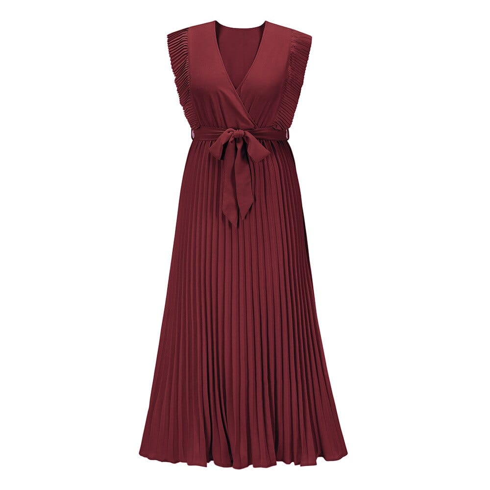 Elena™ Dark Red Bohemian Festive Dress with V-Neck