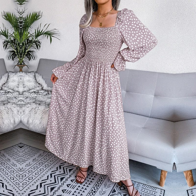 Elisa™ Elegant Beige Maxi Long Sleeve Dress