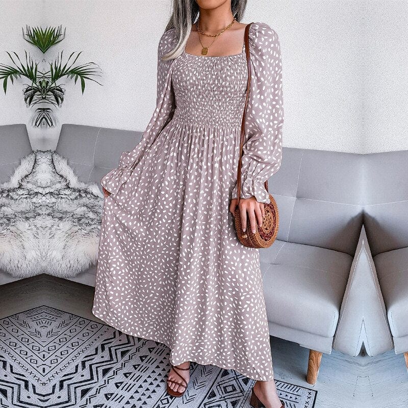 Elisa™ Elegant Beige Maxi Long Sleeve Dress
