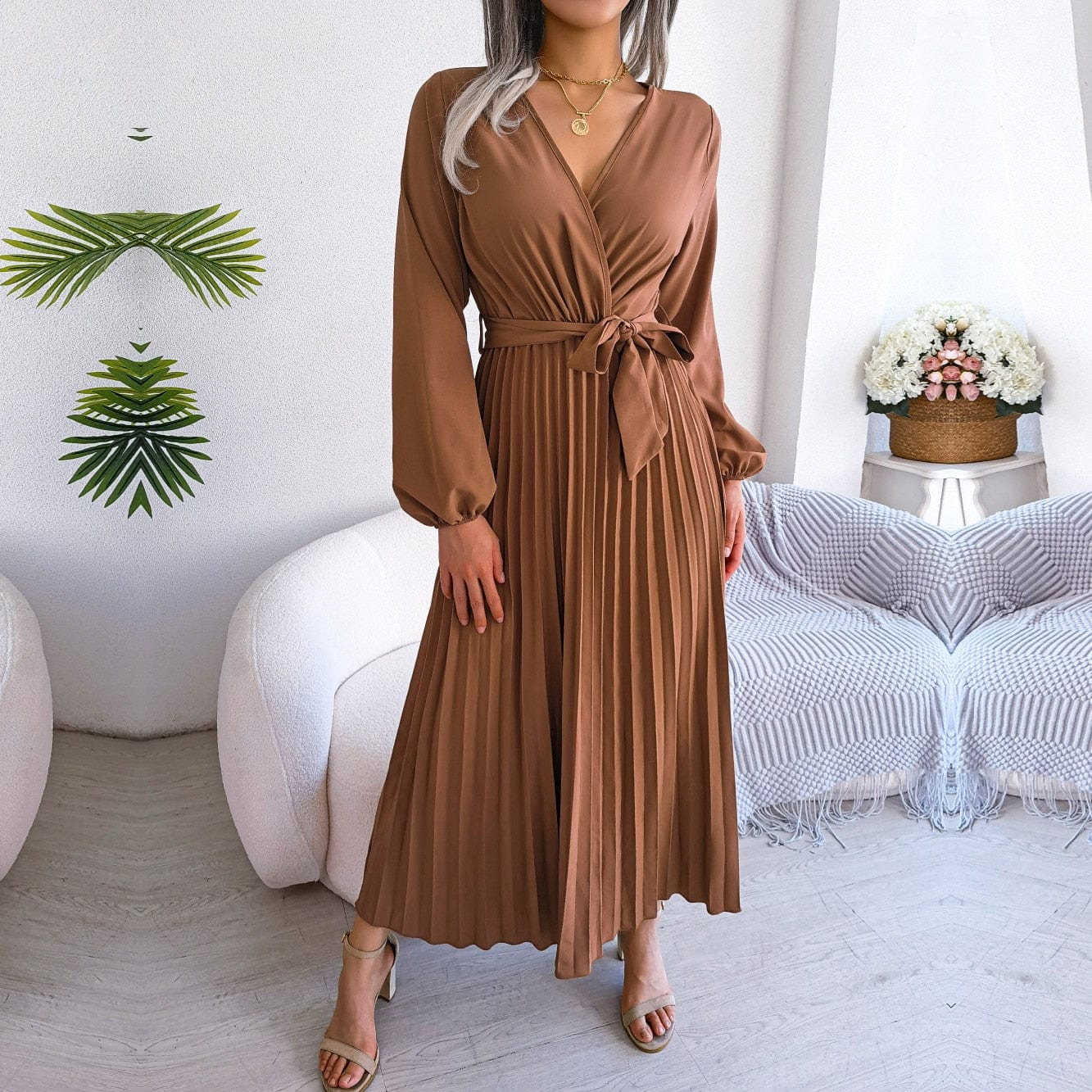 Griselda™ Brown Maxi Dress with V-Neck Boho Festive Style