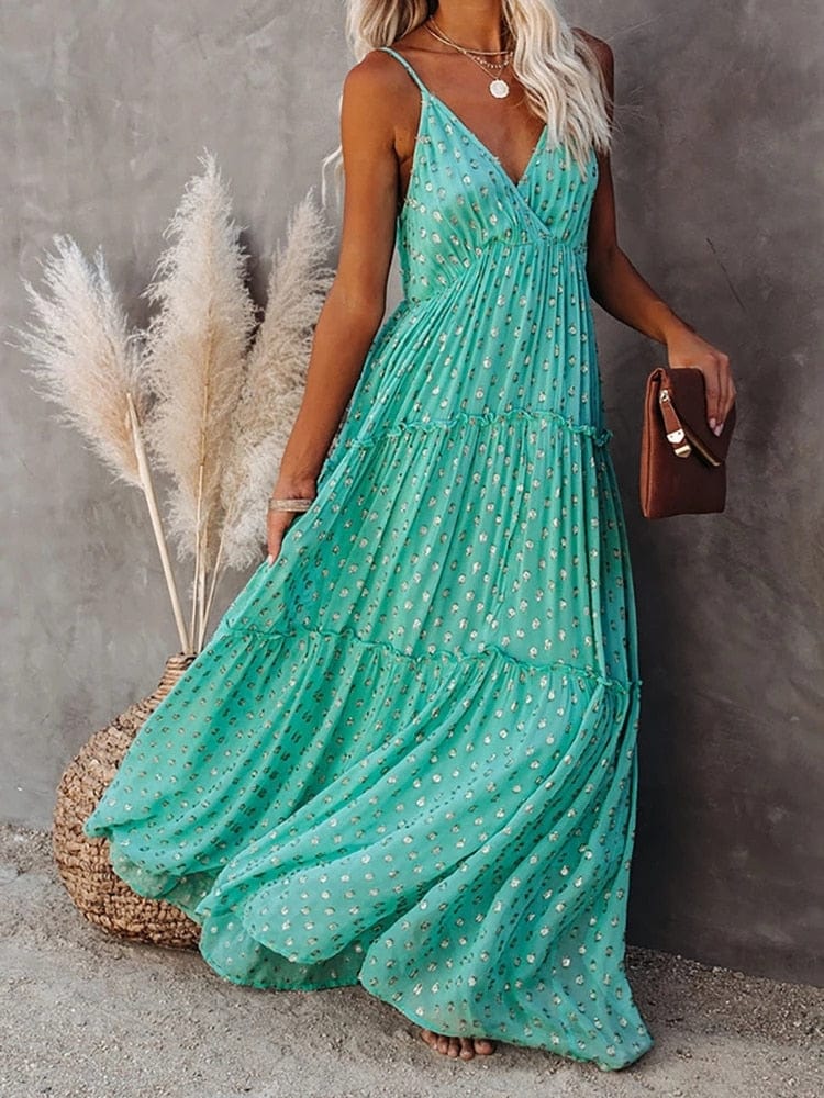Jacinta™ Green Maxi Dress with V-Neck and Ibiza Summer Print