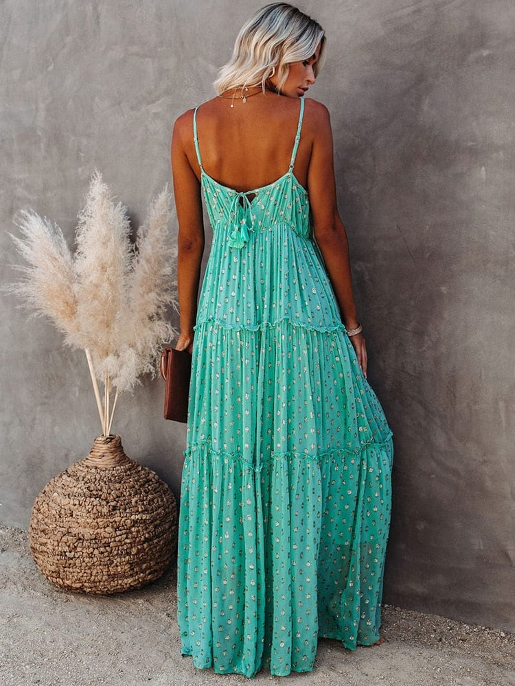 Jacinta™ Green Maxi Dress with V-Neck and Ibiza Summer Print