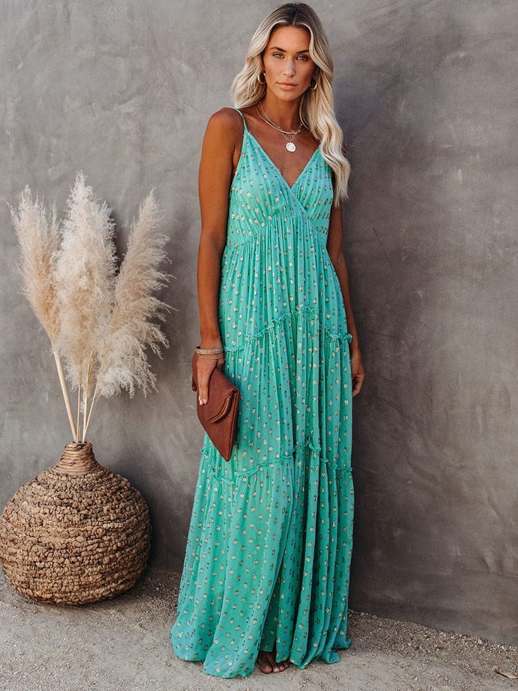 Jacinta™ Green Maxi Dress with V-Neck and Ibiza Summer Print