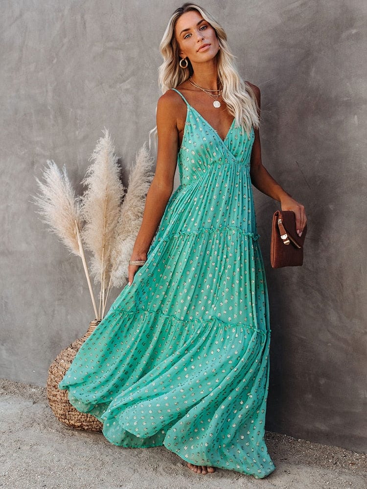 Jacinta™ Green Maxi Dress with V-Neck and Ibiza Summer Print