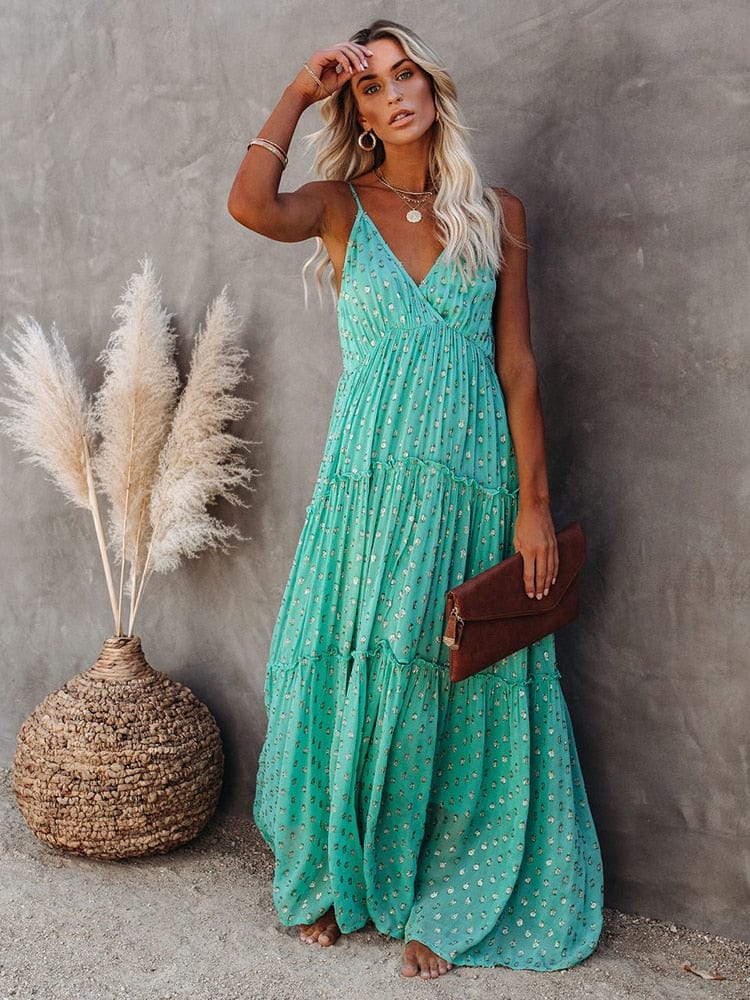 Jacinta™ Green Maxi Dress with V-Neck and Ibiza Summer Print