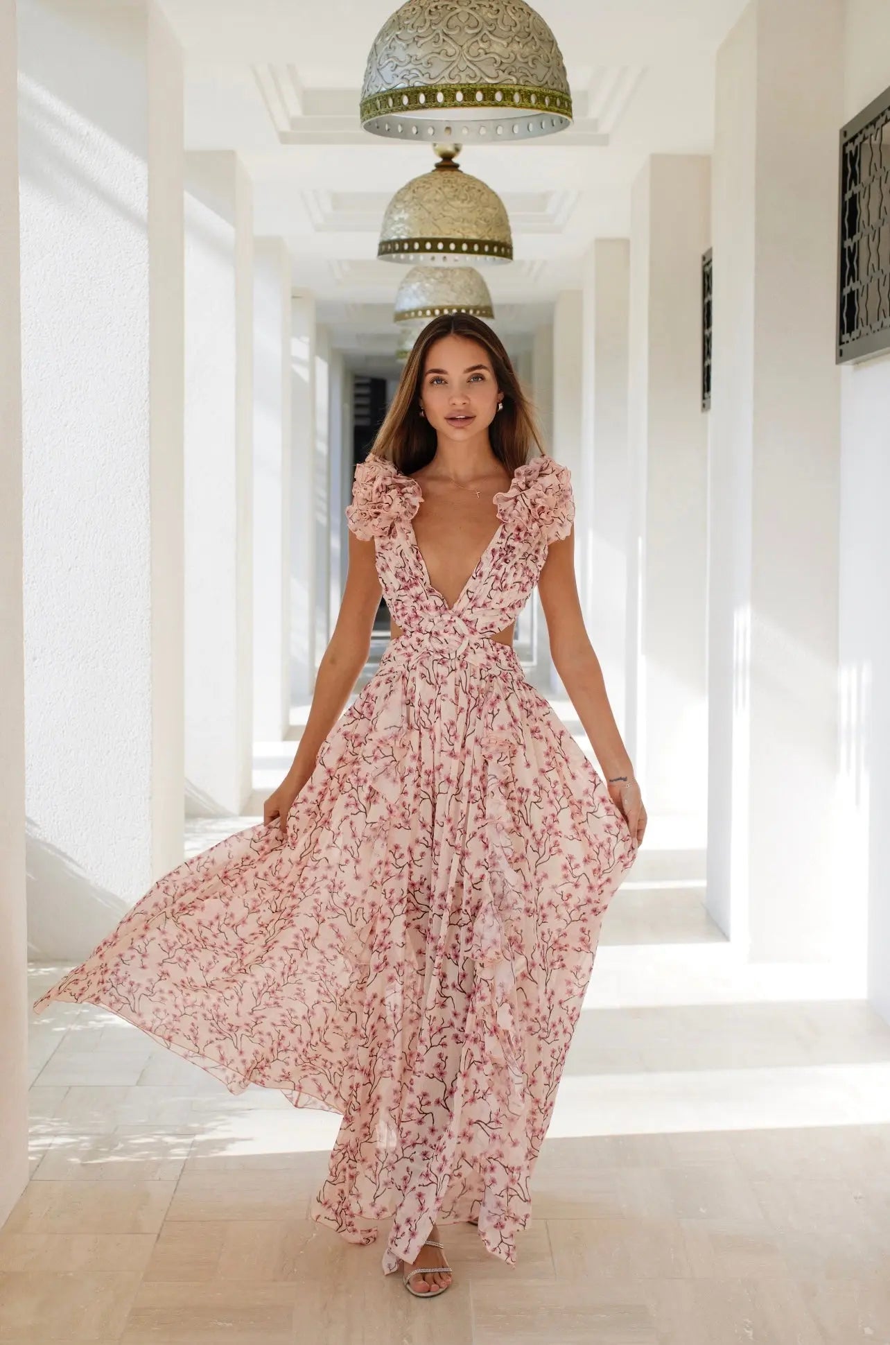 LYRA – Pink Cascade Maxi Dress
