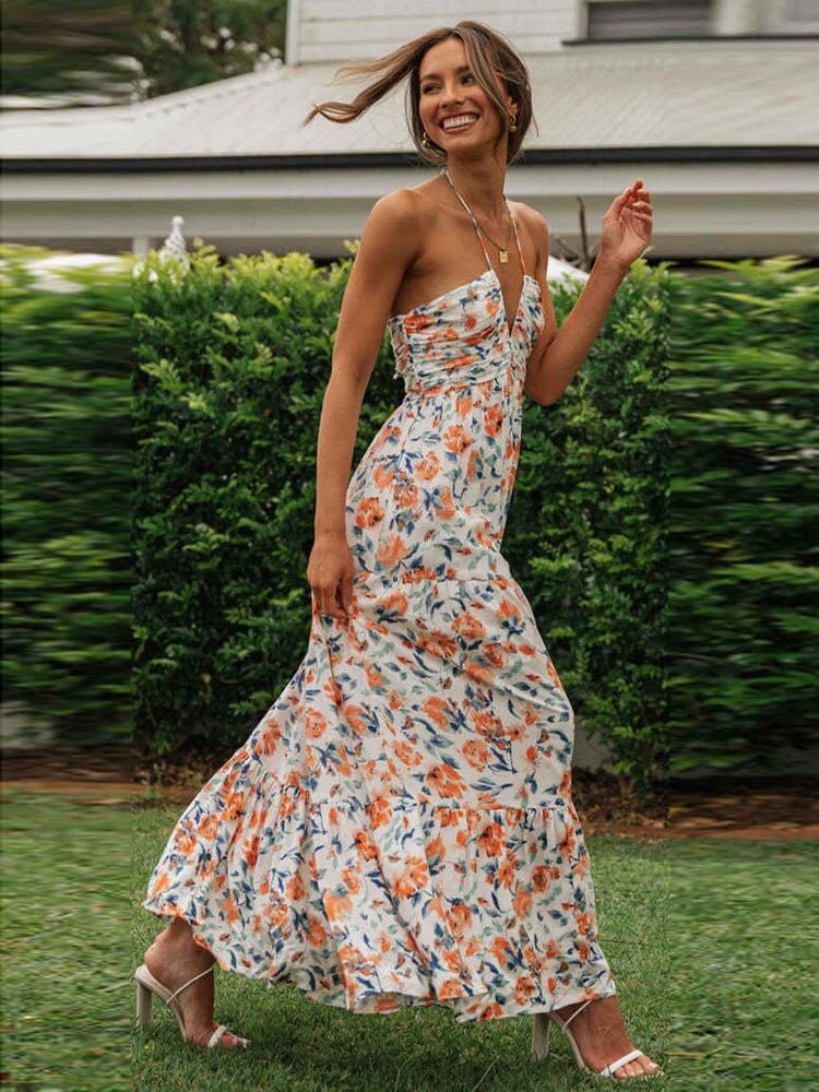Gabriela™ Summer Wedding Guest Dress with Orange Flowers and V-Neck
