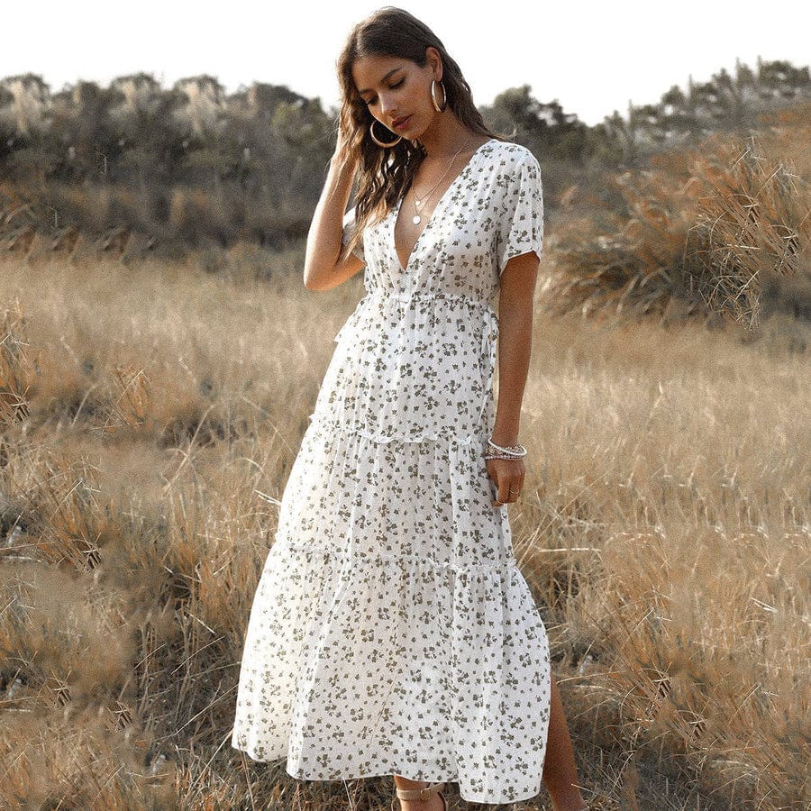 Tess™ Long White Summer Dress with Print