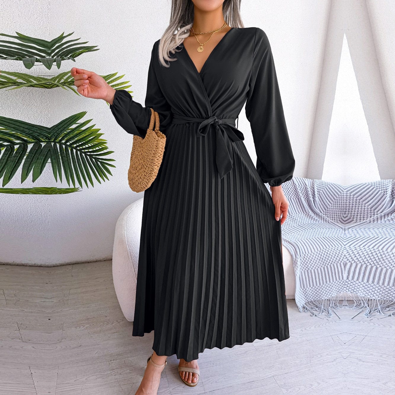 Blanca™ Elegant Black Maxi Dress with V-Neck Boho Festive Style